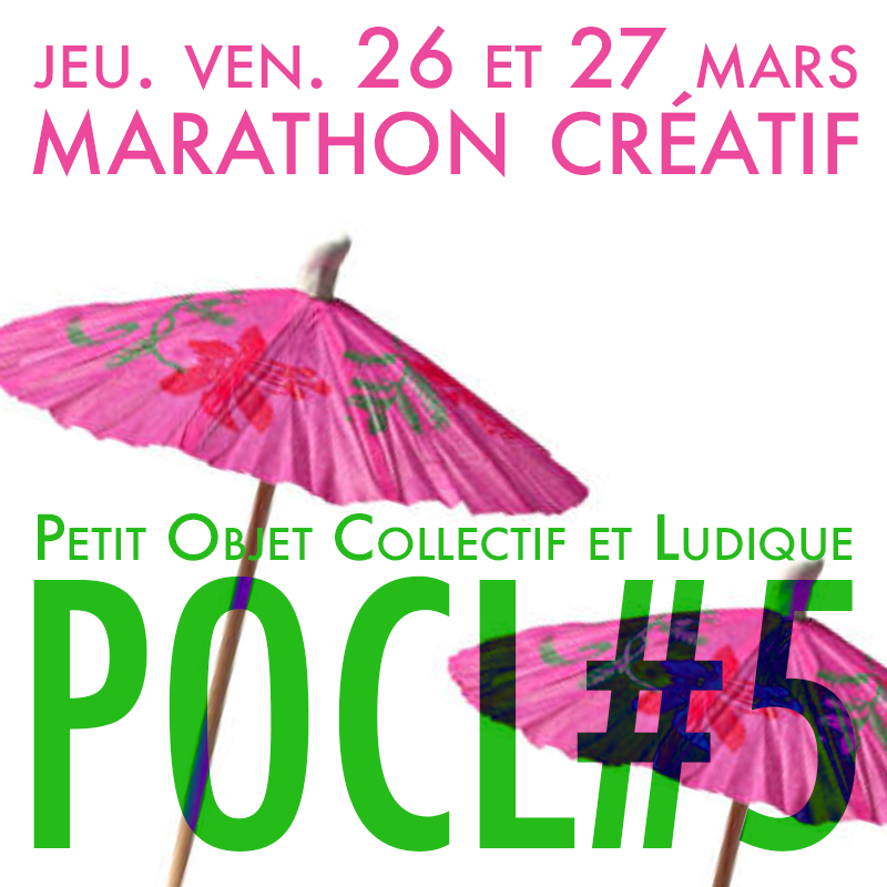 Affiche du hackathon POCL#5 se déroulant les 26 et 27 mars 2026 et sur laquelle apparaissent deux petits parasols en papier roses