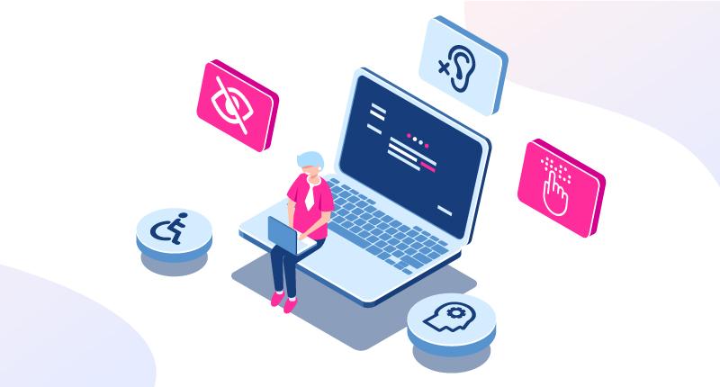 Image décorative représentant une personne assise au bord du clavier d'un grand ordinateur. Des logos illustrant différents handicaps sont disposés autour.