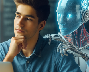 Image créée avec l'aide de l'intelligence artificielle, représentant un jeune homme assis devant son ordinateur. Il semble pensif et regarde vers sa droite. Derrière lui, un robot s'appuie sur son épaule gauche et semble lui souffler quelque chose.