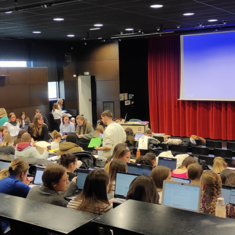 Photo décorative : des étudiantes et étudiants sont rassemblés en groupe et travaillent assis, debout ou sur des tables dans un amphithéâtre.