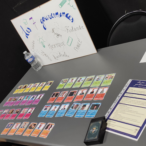 Photo du jeu pédagogique "Les 7 gouvernances" : une quarantaine de cartes de sept couleurs différentes et représentant des portraits sont disposées sur une table. Un panneau incliné liste différents pays comme le Mexique, la Finlande ou encore la France, tandis qu'un livret de règles détaillé est placé à côté des cartes pour guider les joueurs.