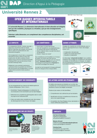 Poster du projet IVSC sur les Open Badges interculturels et internationaux. Le document décrit le contexte, les compétences attendues, les badges attribués, l'accompagnement des enseignantes et des enseignants mis en place et les actions réalisées auprès des étudiantes et étudiants.