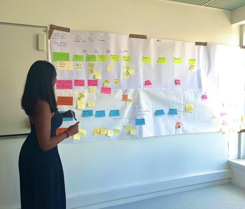 Photo de Juliette Kervella en train d'animer un atelier de co-design. Juliette est une jeune femme noire et grande. Elle porte une longue robe bleu foncé sans manches. Elle est de profil, devant un grand tableau blanc. A côté du tableau des feuilles blanches ont été scotchées entre elles et au mur. Sur celles-ci, des post-it de couleurs sont disposés et des indications telles que « activités », « rôles et tâches des enseignants », « vécu des enseignants », « vécu des étudiants ».