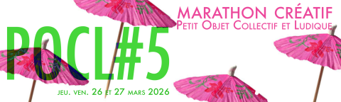 Affiche du hackathon POCL#5 se déroulant les 26 et 27 mars 2026 et sur laquelle apparaissent deux petits parasols en papier roses