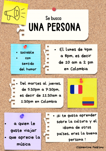 Affiche colorée, présentée comme une annonce humoristique et conviviale en espagnol. Sur un tableau en liège, plusieurs post-it ou papiers déchirés sont épinglés. En haut au centre, une pancarte dit « Se busca una persona », en lettres noires majuscules, comme un avis de recherche. 